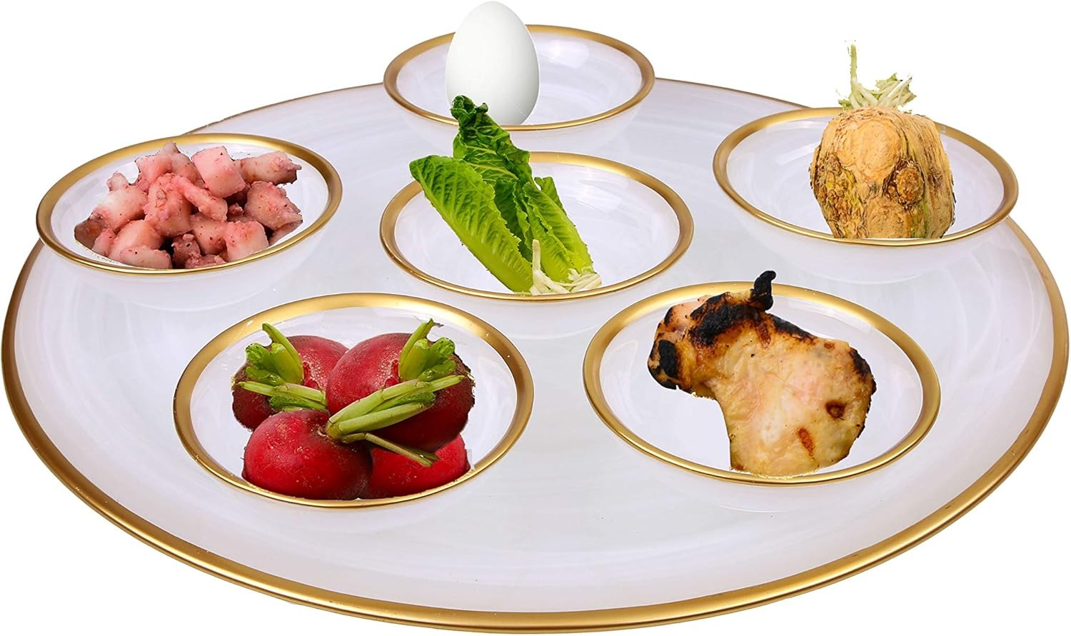Alabaster White Seder Plate With Gold rim