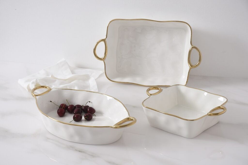 White & Gold Oval Baking Dish