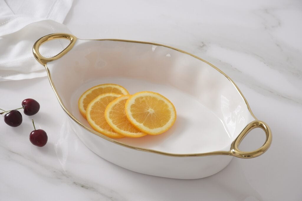 White & Gold Oval Baking Dish