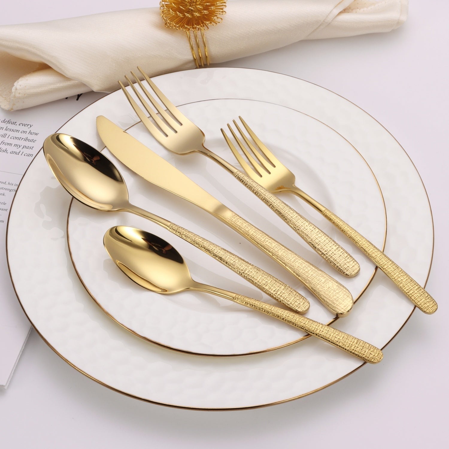 Gold with Textured Colorblock Handles 20 pc Flatware