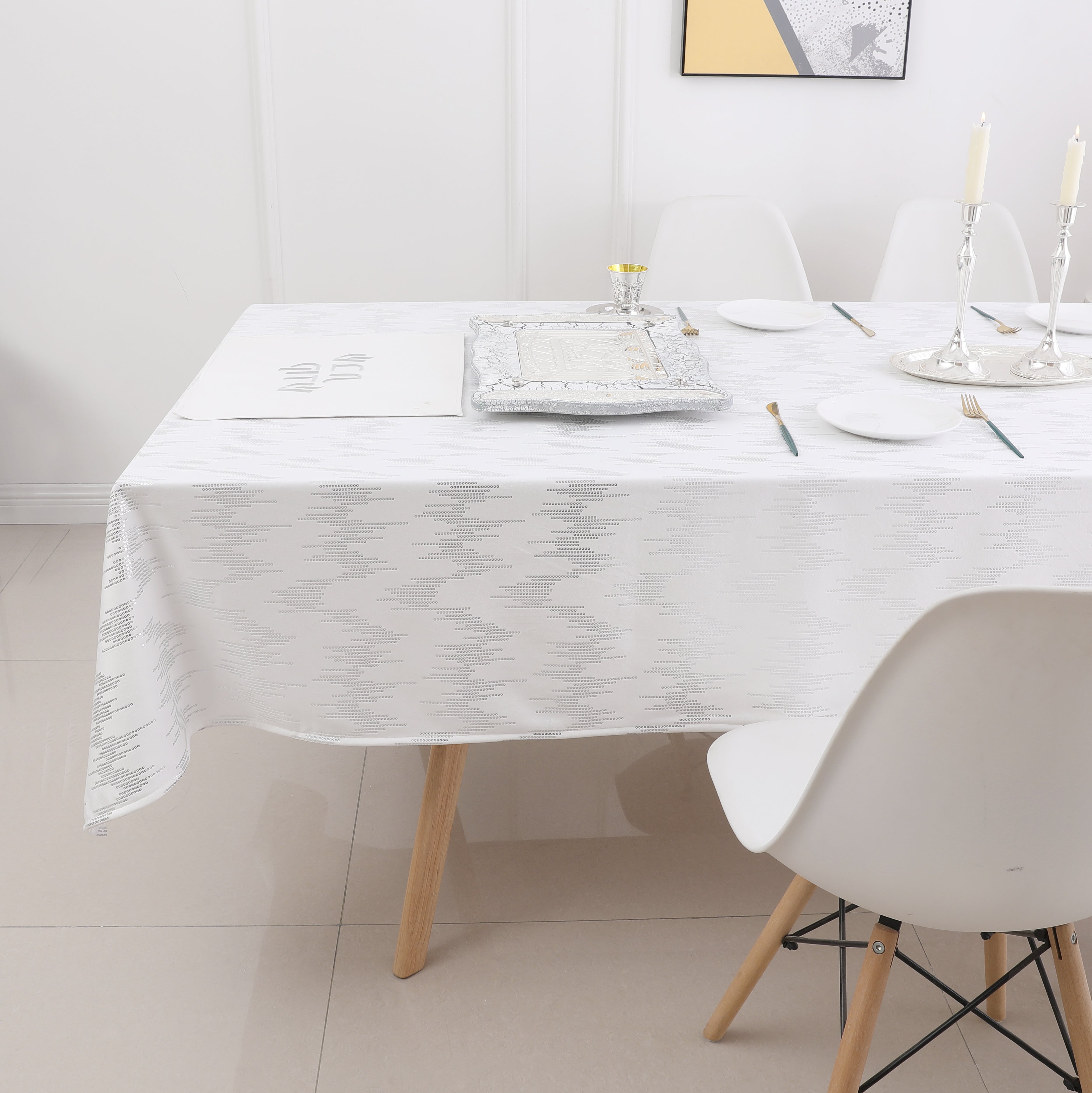 TC1401 White Dotted Silver Foil Print Tablecloth