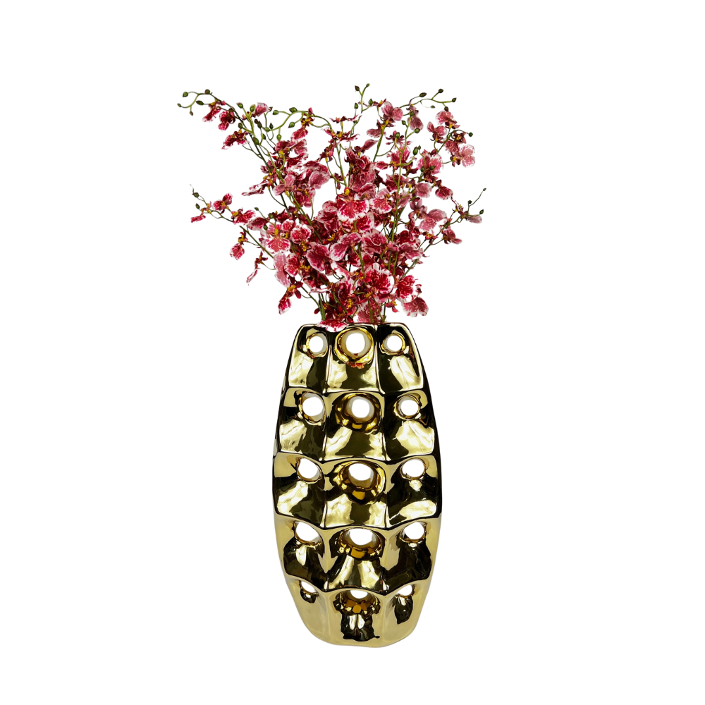 Gold Ceramic Vase 19 x 10 with Pink Orchidiums