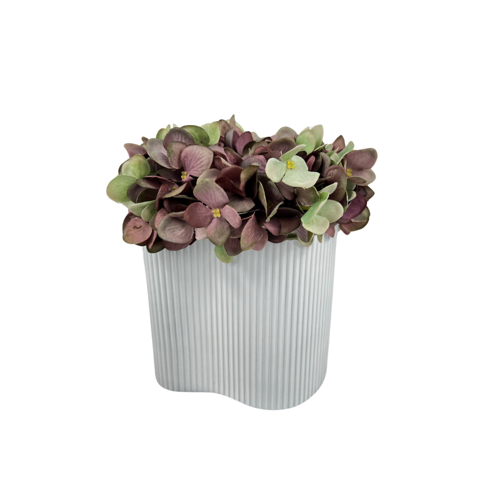 6" White Wave Vase With Purple Faux Hydrangeas