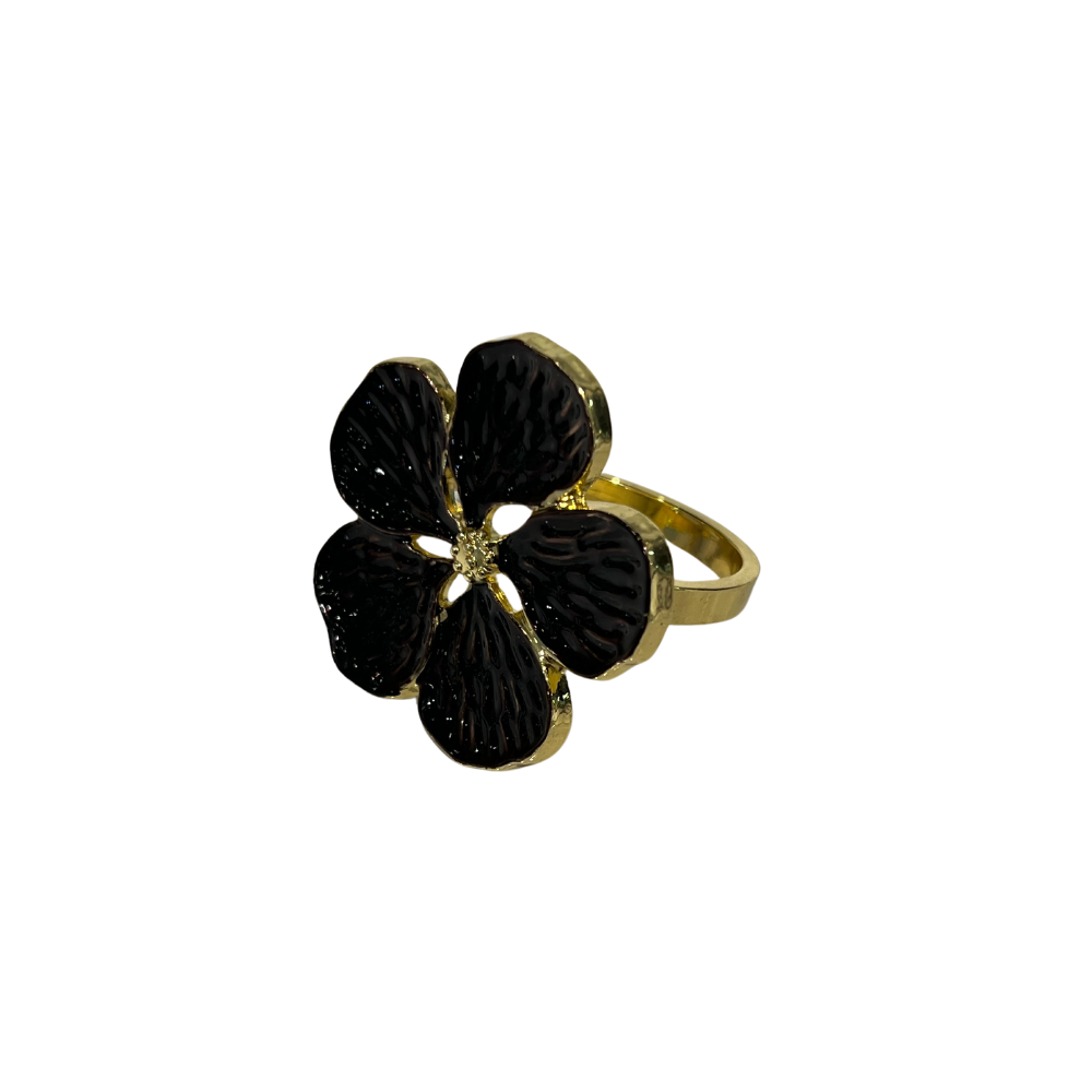 Black & Gold Flower Napkin Ring Set of 6